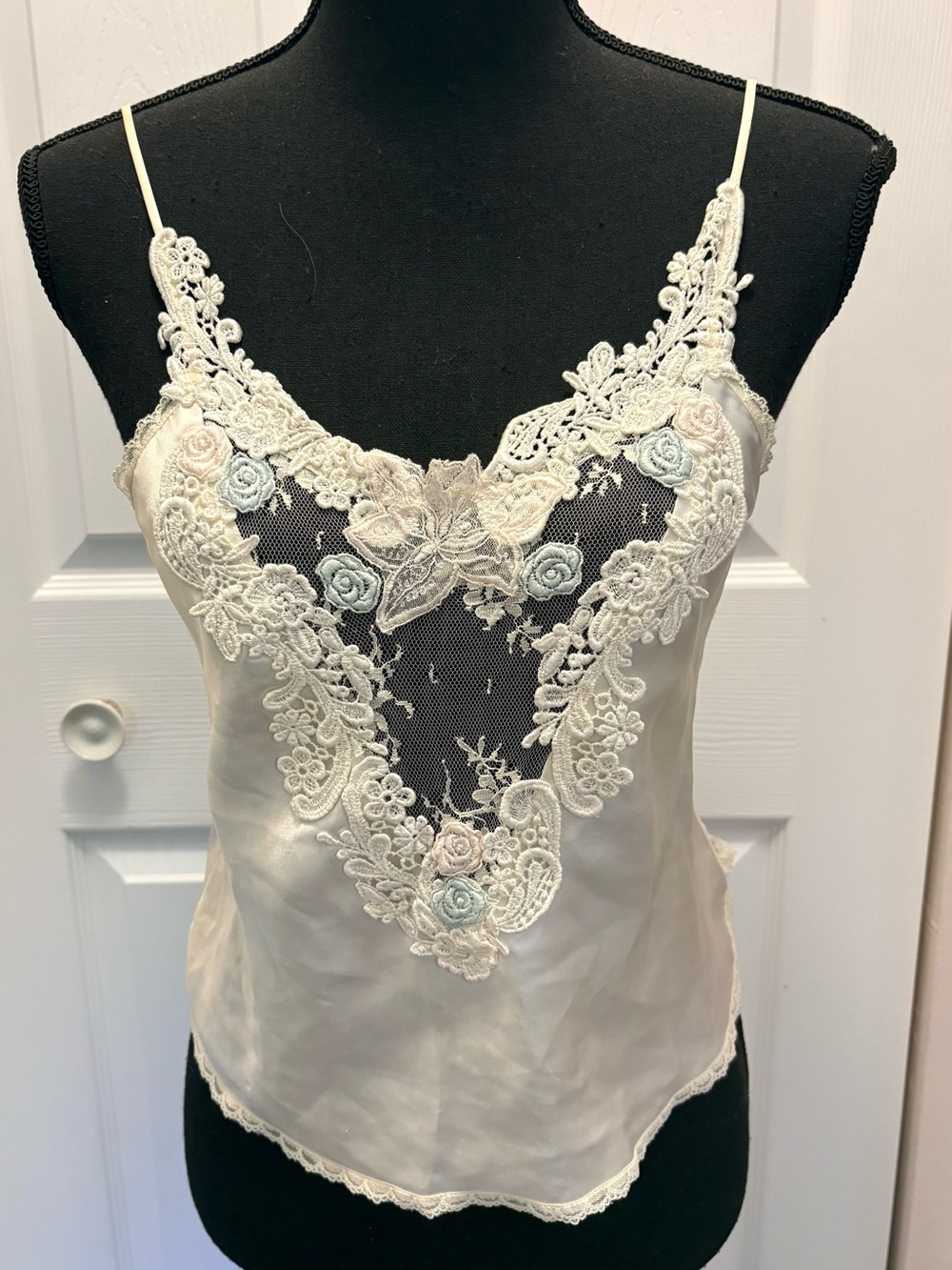 Victoria's Secret Vintage Ivory Satin Camisole with Pastel Floral Lace